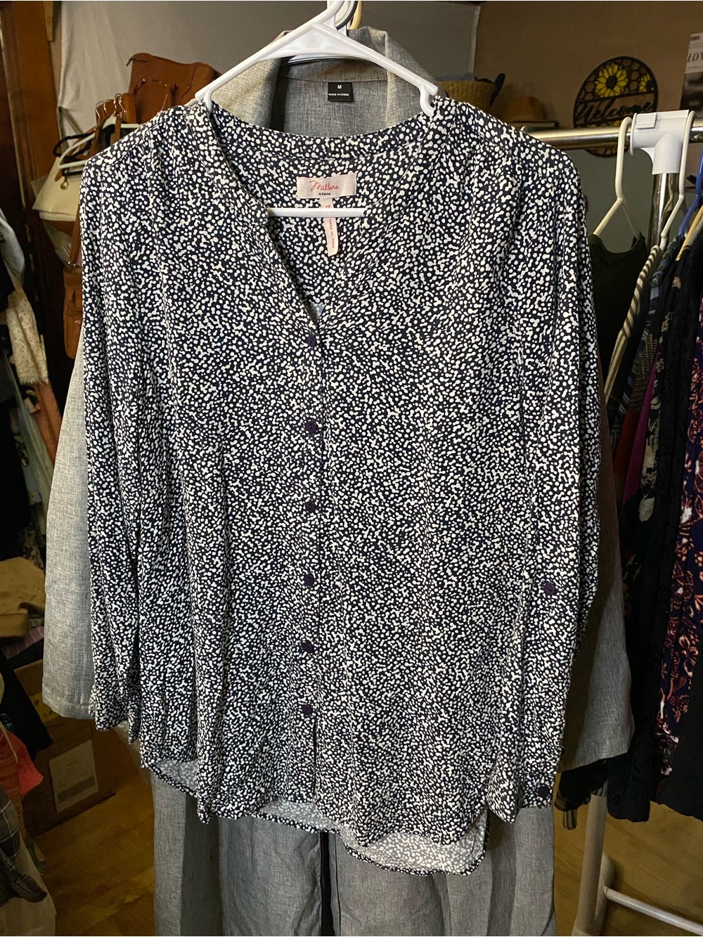 Women's Navy and White Speckle Button-Front Blouse